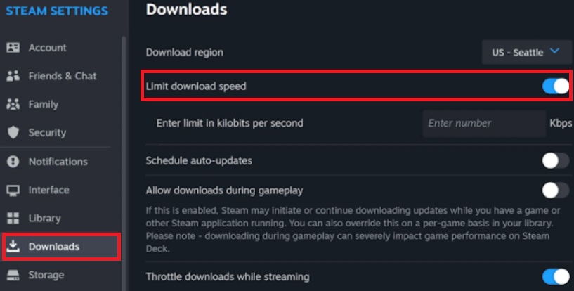 Steam 대역폭 제한 설정 체크박스
