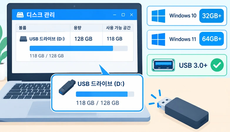 USB 드라이브의 용량을 확인하는 화면