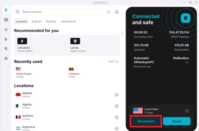 VPN 앱의 연결 해제 화면