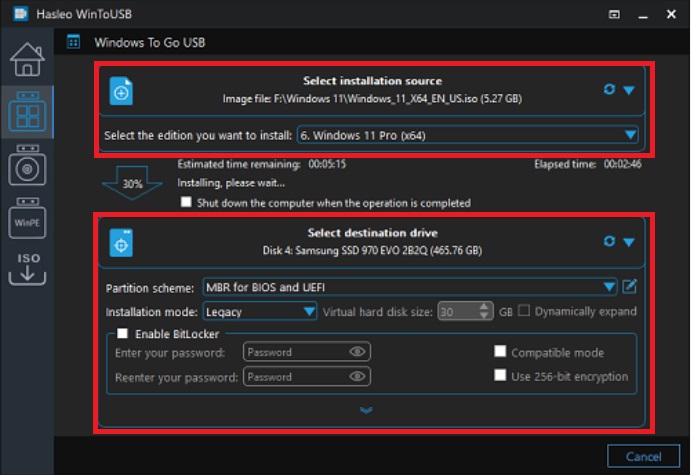 WinToUSB의 USB 제작 설정 화면
