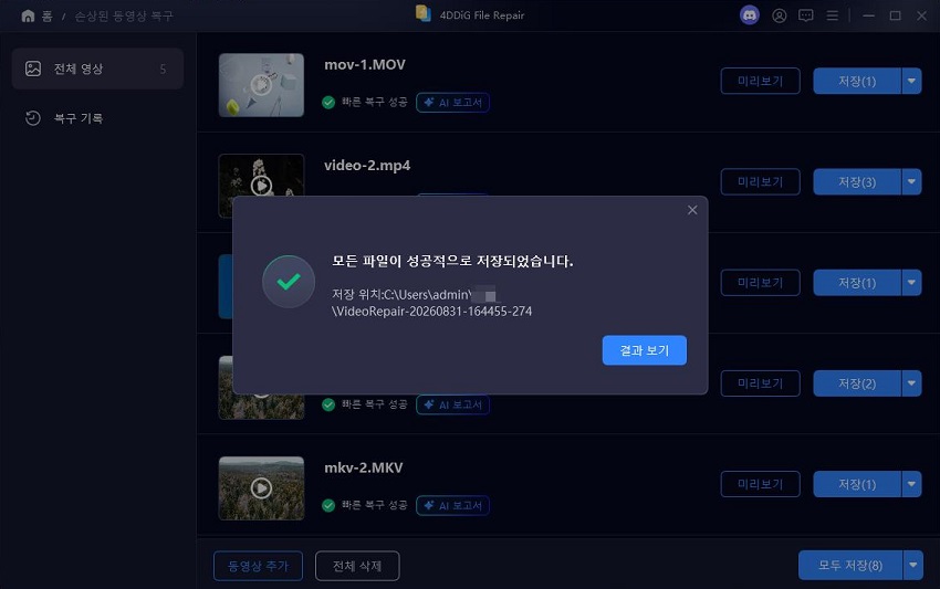 복구된 동영상의 출력 형식 선택