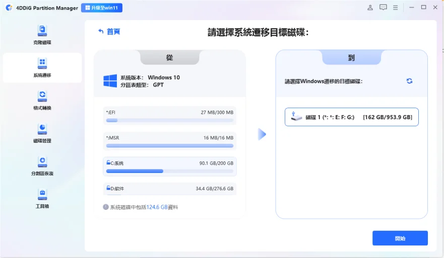 選擇新磁碟機作為目標磁碟點選「開始」