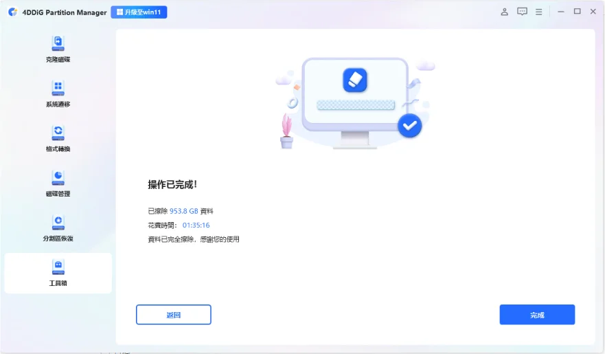 成功擦除磁碟後點擊「完成」