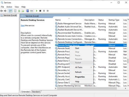 找到遠端桌面服務選擇重新啟動