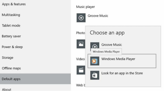 選擇「Windows Media Player」作為媒體檔案的預設播放器