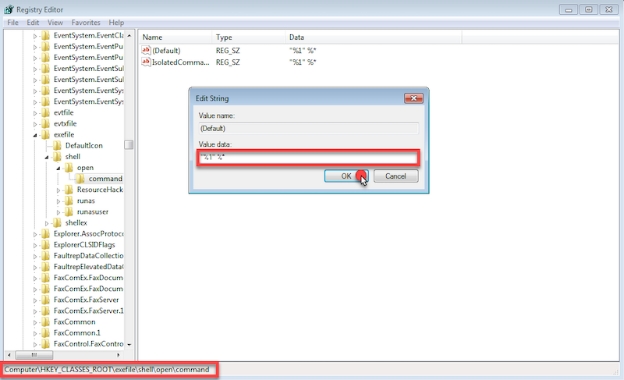 導航到「HKEY_CLASSES_ROOT\exefile\shell\open\command」
