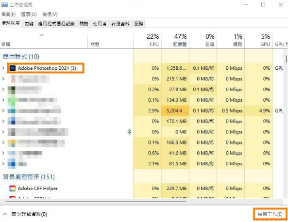 強制關閉並重啟無法開啟的Photoshop