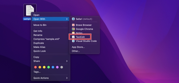 使用 TextEdit 開啟 XML 檔
