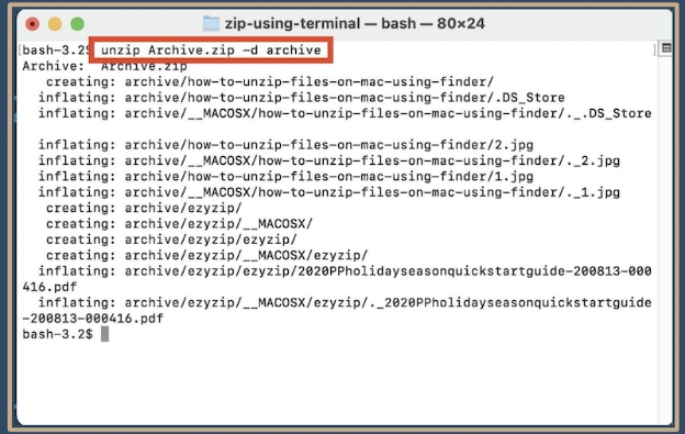 輸入指令：「unzip path/to/zipfile.zip -d /path/to/destination」