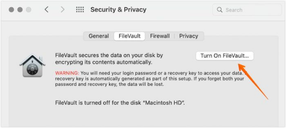 點擊「關閉 FileVault」選項