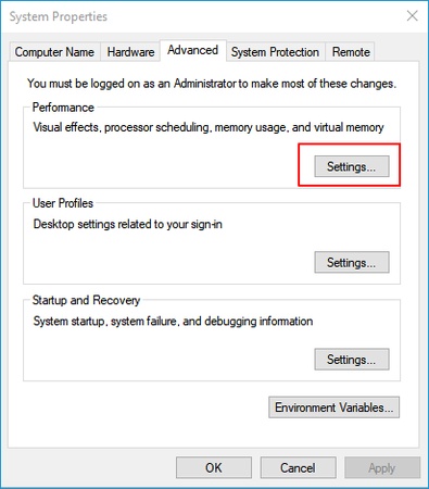 點選「效能」選項卡下的「設定」