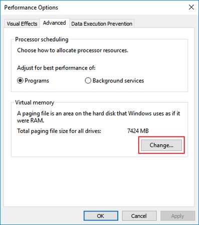 點選虛擬記憶體部分下的「變更」
