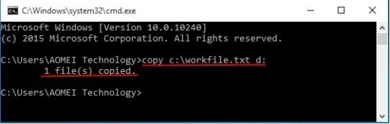 输入「copy C:\workfile.txt D:」命令