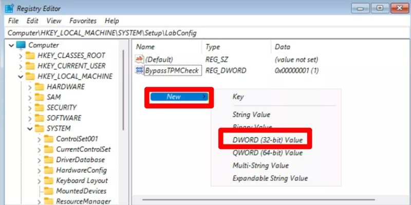選擇「新建」>「DWORD（32 位元）值」