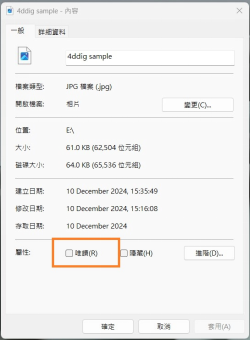 查看「一般」標籤下的「唯讀」屬性