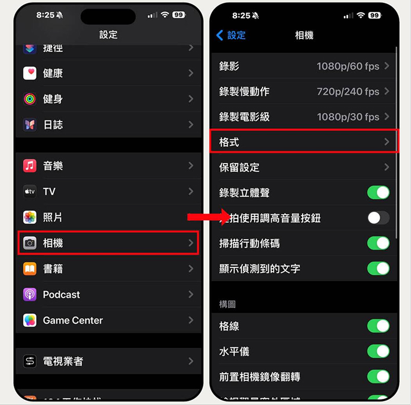 iPhone相機格式設定界面