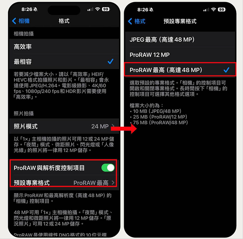 iPhone預設專業格式選擇界面