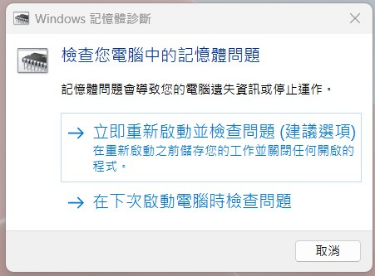 輸入 mdsched.exe後點擊「立即重新啟動並檢查問題」