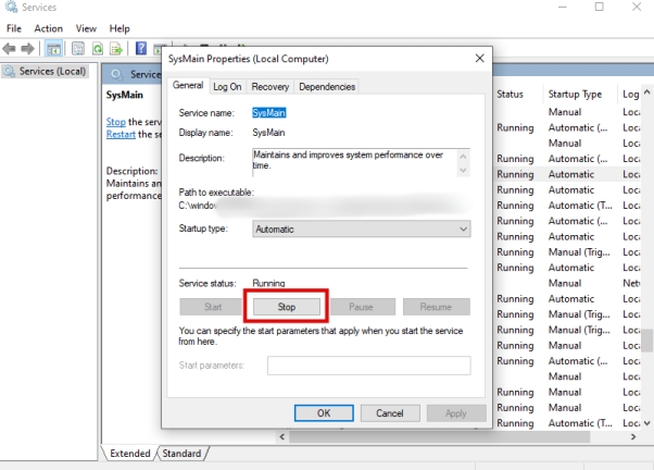 在屬性中選擇停止服務