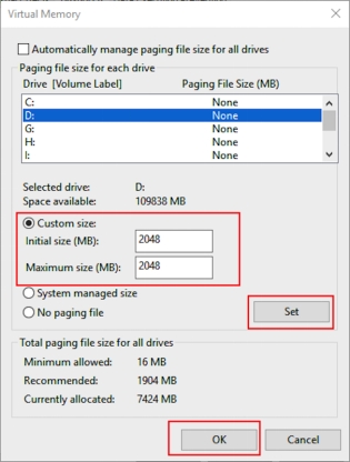 自定義設定電腦物理記憶體的大小後選擇設定