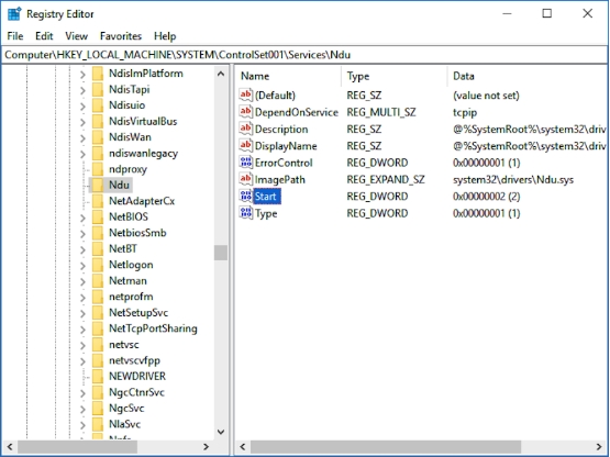 進入「HKEY_LOCAL_MACHINE/SYSTEM/ControlSet001/Services/Ndu」