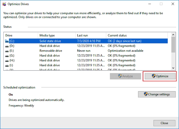 選擇需要重組的磁碟後點擊最佳化按鈕