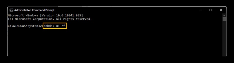 輸入 chkdsk D: /f指令