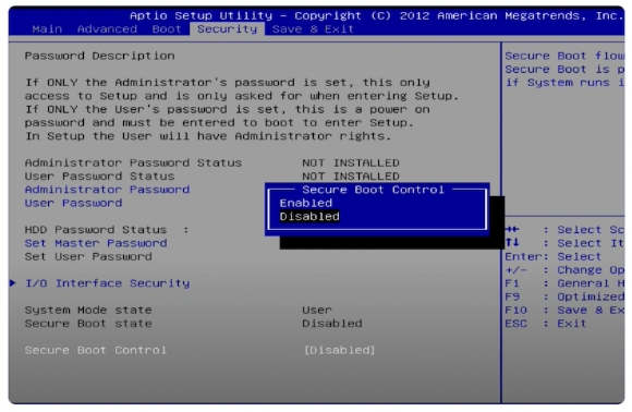 選擇安全開機狀態並啟用它
