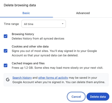 刪除 Chrome 快取和 Cookies 檔案