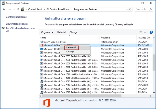在控制台中選擇解除安裝程式