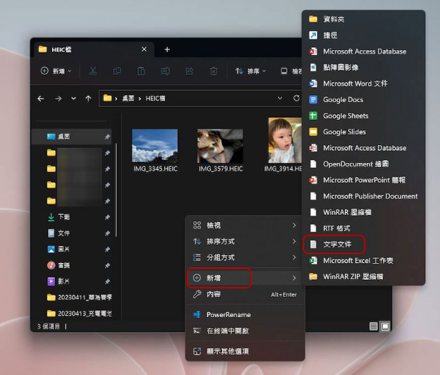 右鍵單擊空白區選擇「新增」選擇「文字文件」