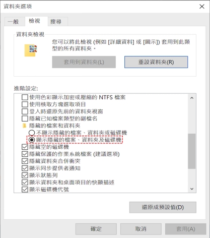 勾選「顯示隱藏的檔案、資料夾及磁碟機」