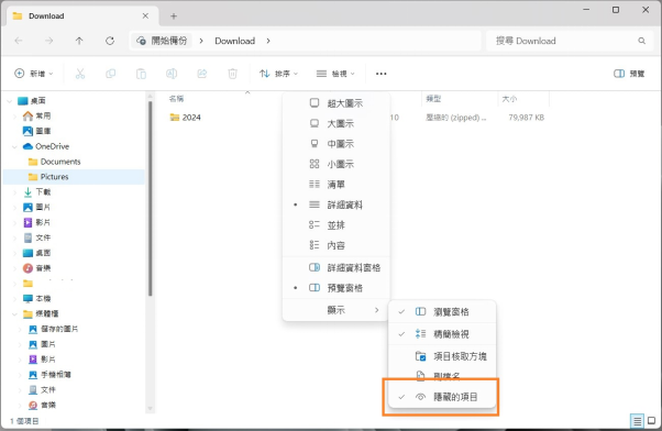 勾選「隱藏的項目」