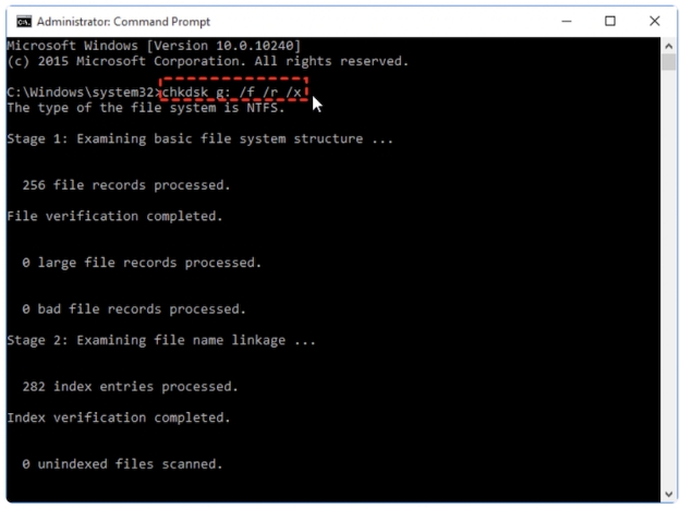 輸入「chkdsk F: /r」指令
