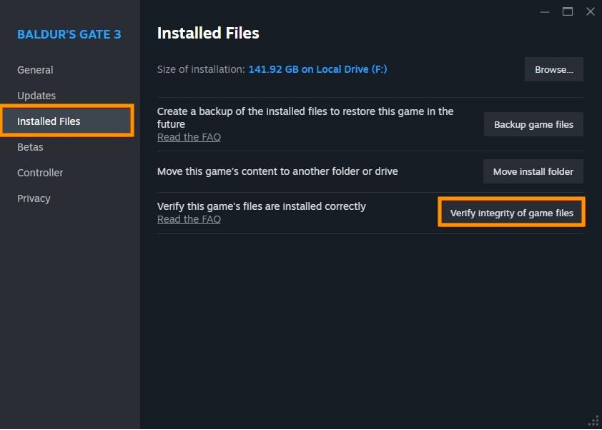 選擇「驗證遊戲檔案的完整性」