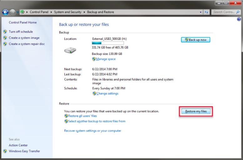 使用 Windows 內建備份來復原